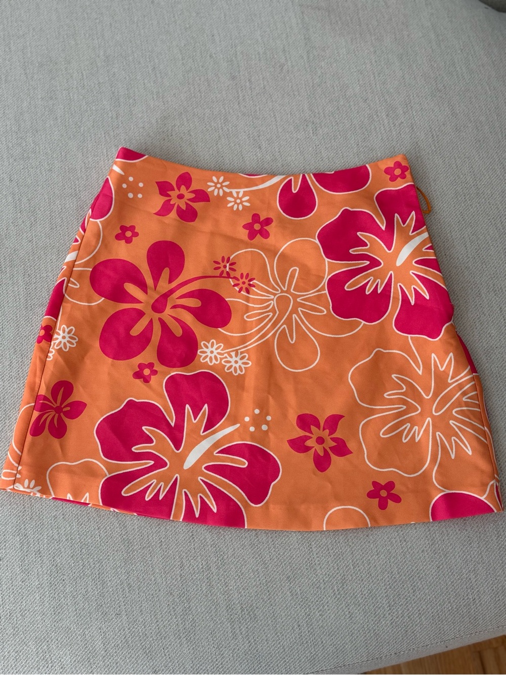 Orange Floral A-Line Skirt with Pink Hibiscus Print